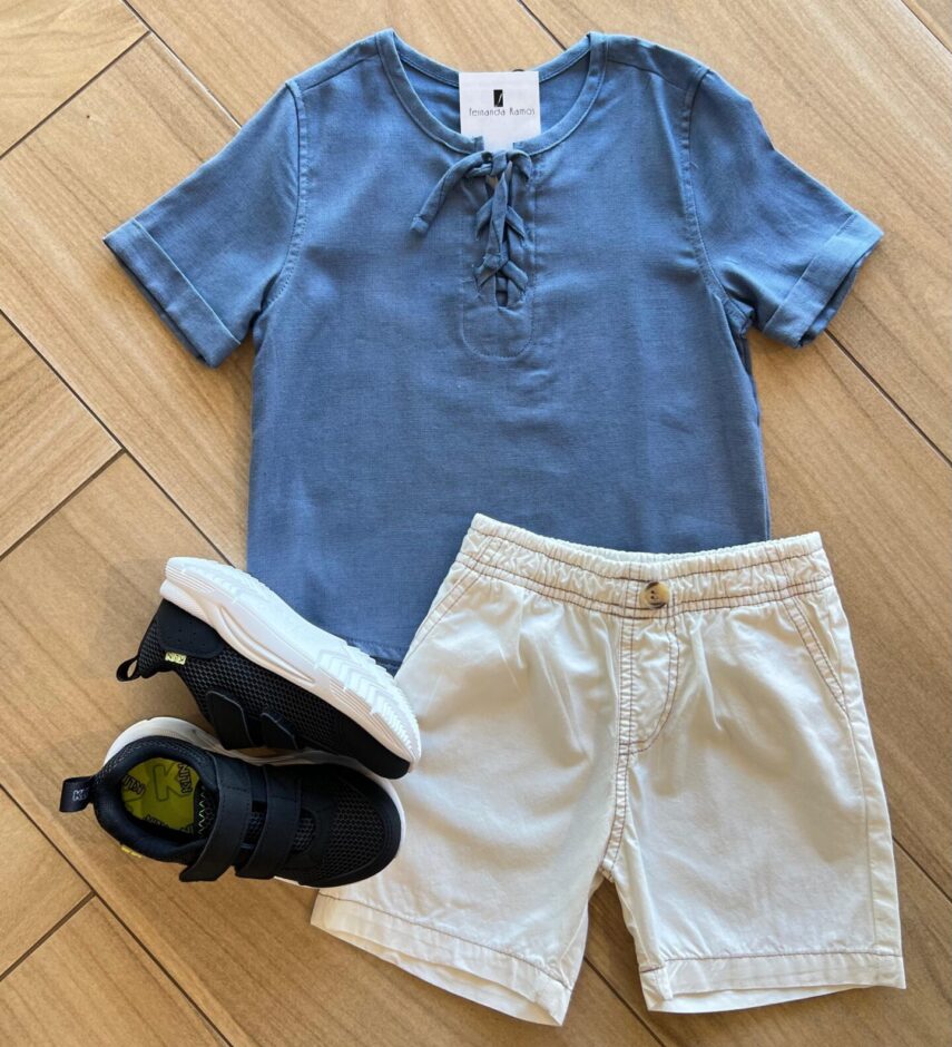 Conjunto Masculino Camiseta Azul e Bermuda com Botão Fake Fernanda Ramos Kids