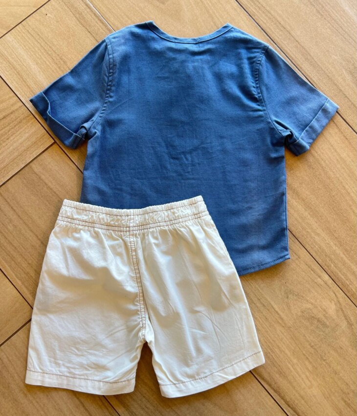 fernandaramoskids com br Conjunto Masculino Camiseta Azul e Bermuda com Botão Fake 1