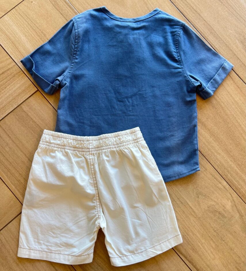 fernandaramoskids com br Conjunto Masculino Camiseta Azul e Bermuda com Botão Fake 1