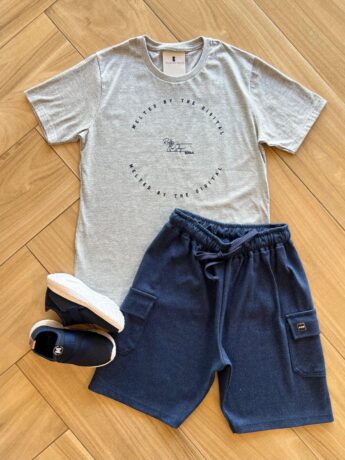 Conjunto Masculino Camiseta Cinza e Bermuda Azul Fernanda Ramos Kids