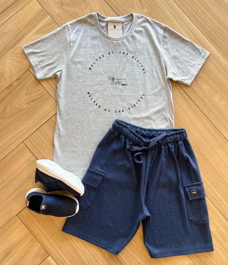Conjunto Masculino Camiseta Cinza e Bermuda Azul Fernanda Ramos Kids