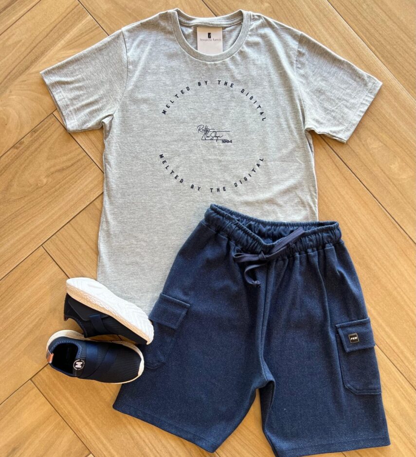 Conjunto Masculino Camiseta Cinza e Bermuda Azul Fernanda Ramos Kids