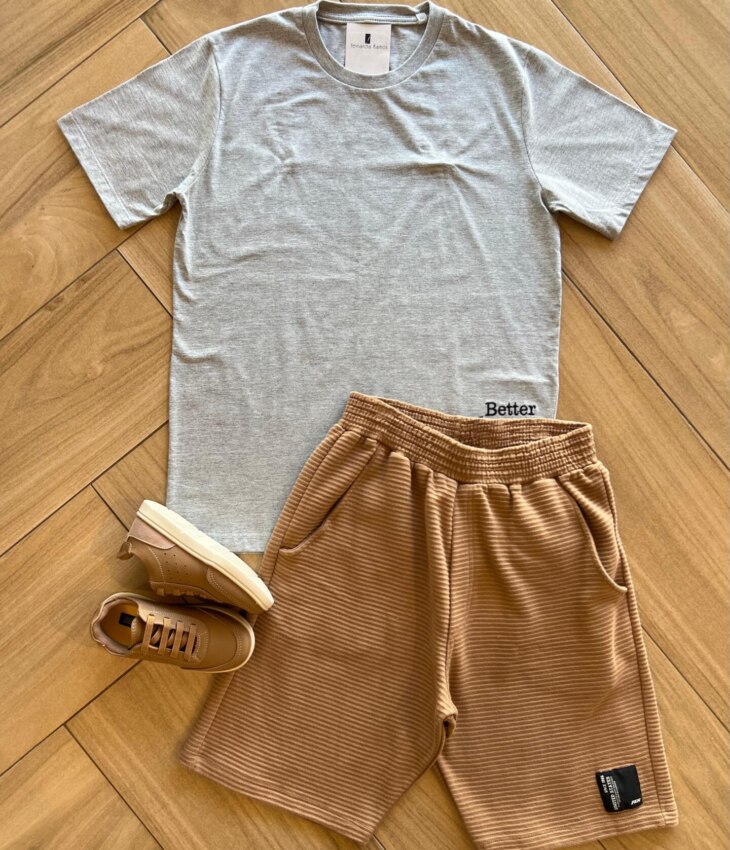 Conjunto Masculino Camiseta Cinza e Bermuda Caramelo Fernanda Ramos Kids