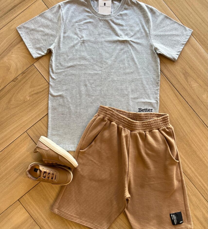 Conjunto Masculino Camiseta Cinza e Bermuda Caramelo Fernanda Ramos Kids