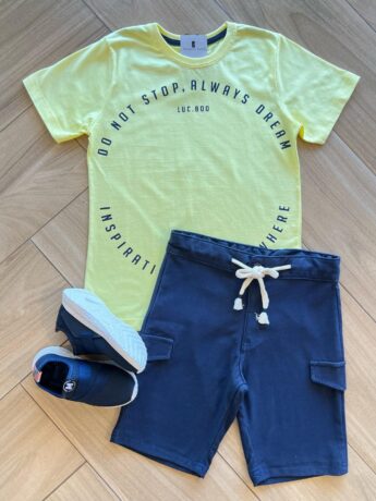 Conjunto Masculino Camiseta Do Not Stop e Bermuda Azul Fernanda Ramos Kids