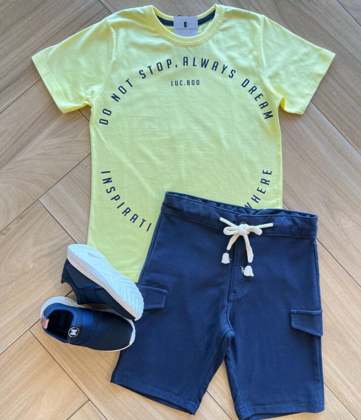 Conjunto Masculino Camiseta Do Not Stop e Bermuda Azul Fernanda Ramos Kids