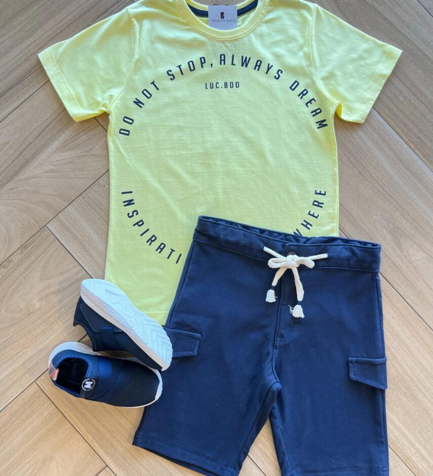 Conjunto Masculino Camiseta Do Not Stop e Bermuda Azul Fernanda Ramos Kids