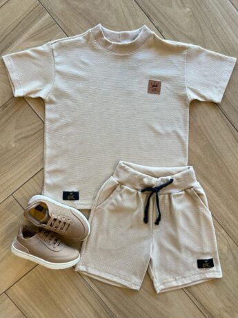 Conjunto Masculino Camiseta e Bermuda Caqui Texturizado Fernanda Ramos Kids