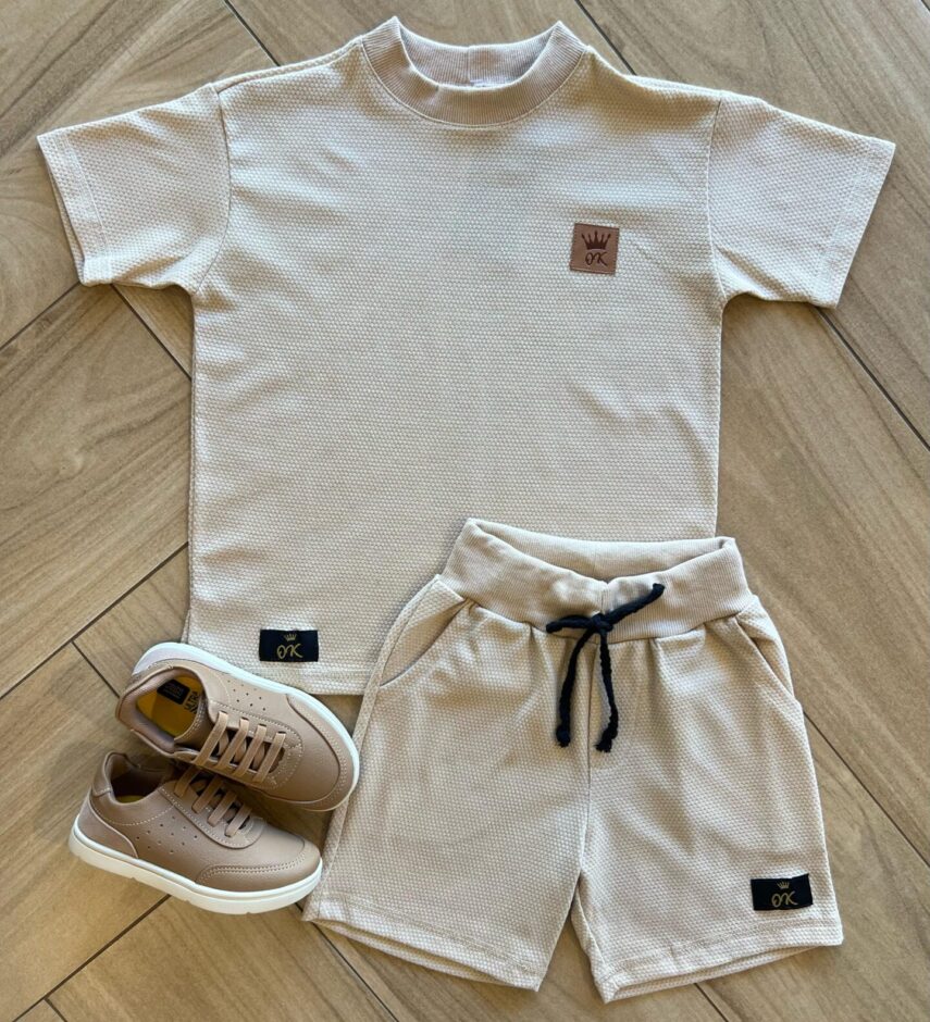 Conjunto Masculino Camiseta e Bermuda Caqui Texturizado Fernanda Ramos Kids
