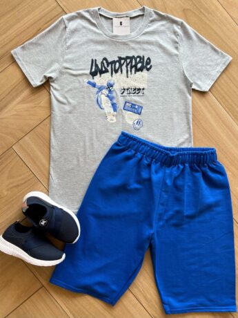 Conjunto Masculino Camiseta Esqueitista Cinza e Bermuda Azul Fernanda Ramos Kids