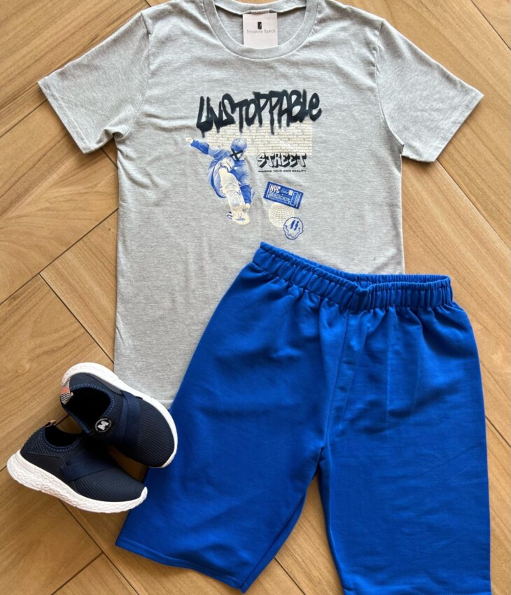 Conjunto Masculino Camiseta Esqueitista Cinza e Bermuda Azul Fernanda Ramos Kids