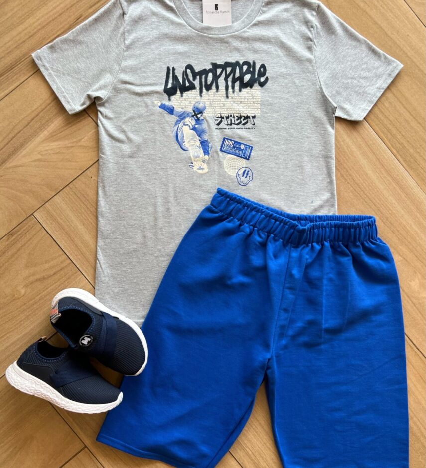 Conjunto Masculino Camiseta Esqueitista Cinza e Bermuda Azul Fernanda Ramos Kids