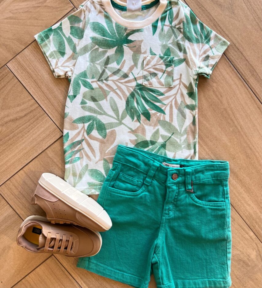 Conjunto Masculino Camiseta Folhas e Bermuda Verde Fernanda Ramos Kids