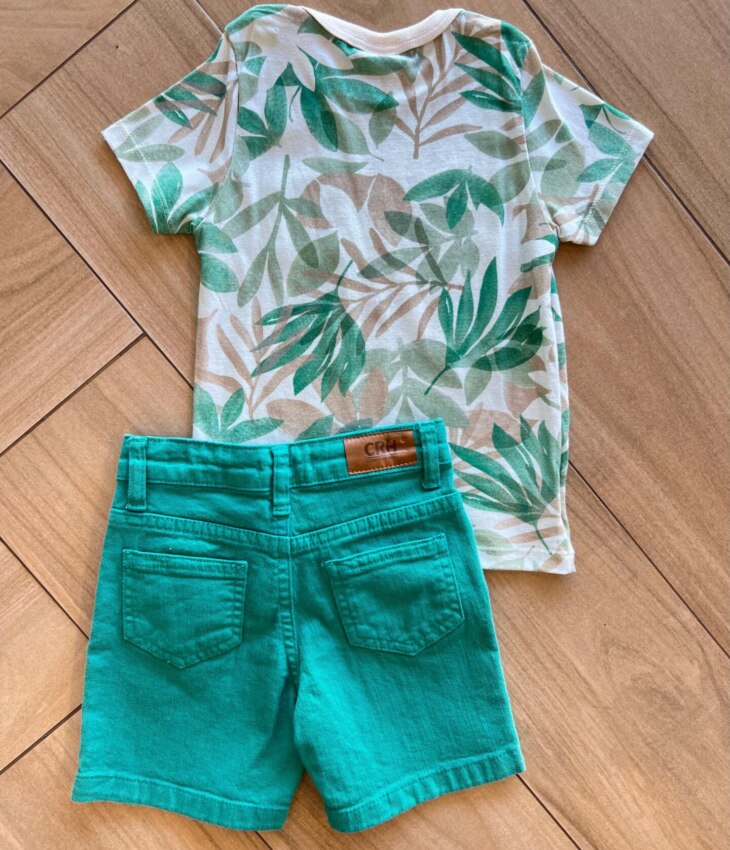 fernandaramoskids com br Conjunto Masculino Camiseta Folhas e Bermuda Verde 2
