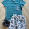 Conjunto Masculino Camiseta Tem um Dino na Cidade e Bermuda Bege Fernanda Ramos Kids