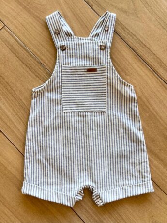 Jardineira Infantil Masculina Curta com Bolso Frontal Listrado Azul Fernanda Ramos Kids