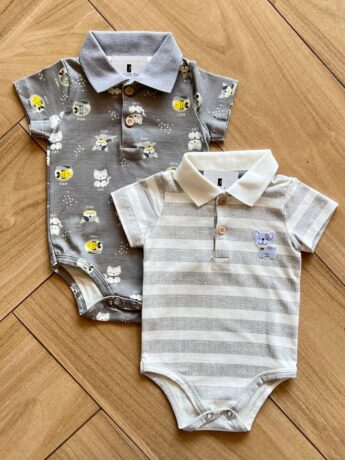 Kit 2 Body Polo Infantil Masculino com Manga Cinza Fernanda Ramos Kids
