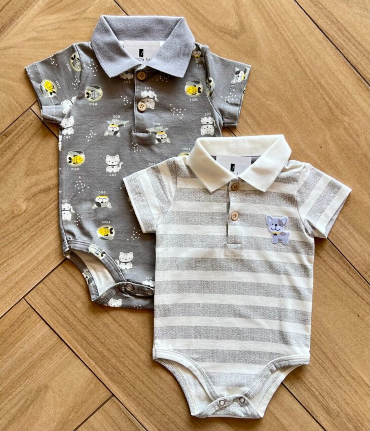 Kit 2 Body Polo Infantil Masculino com Manga Cinza Fernanda Ramos Kids