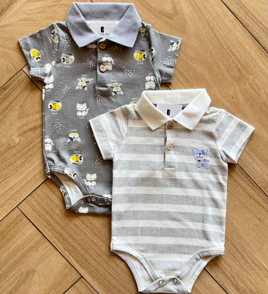 Kit 2 Body Polo Infantil Masculino com Manga Cinza Fernanda Ramos Kids