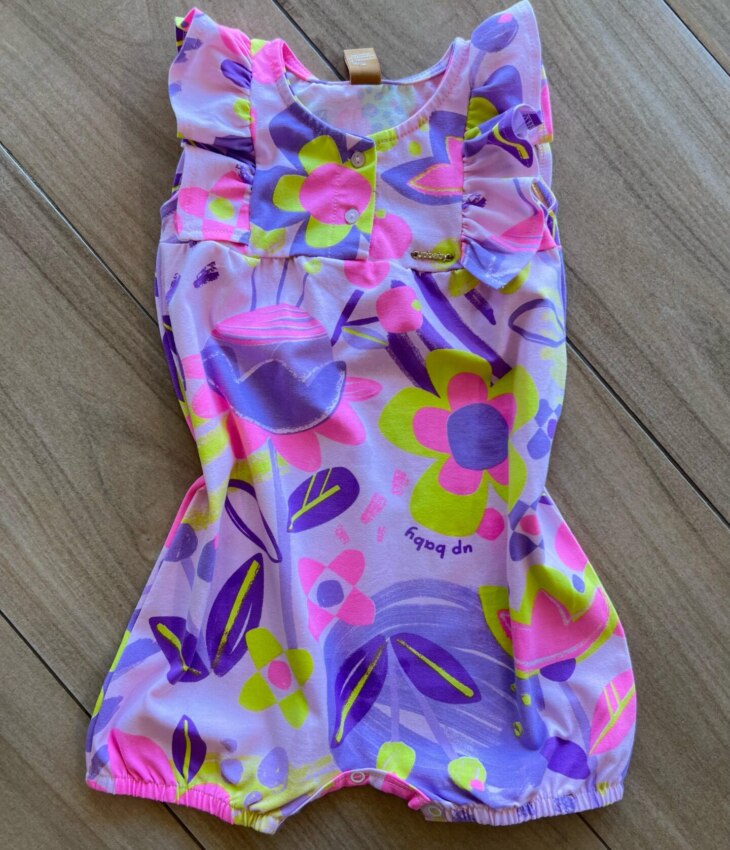 Macaquinho Infantil Feminino em Cotton Floral Rosa Fernanda Ramos Kids
