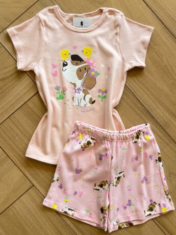 Pijama Infantil Feminino Blusa e Short Cachorrinho Rosa Nuvem Fernanda Ramos Kids