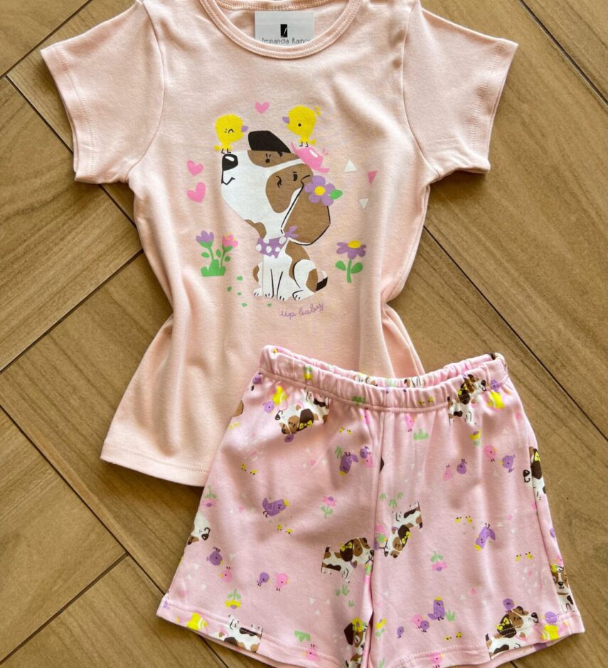 Pijama Infantil Feminino Blusa e Short Cachorrinho Rosa Nuvem Fernanda Ramos Kids