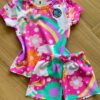 Pijama Infantil Feminino Rosa Blusa e Short Unicórnio Flor Fernanda ramos kids