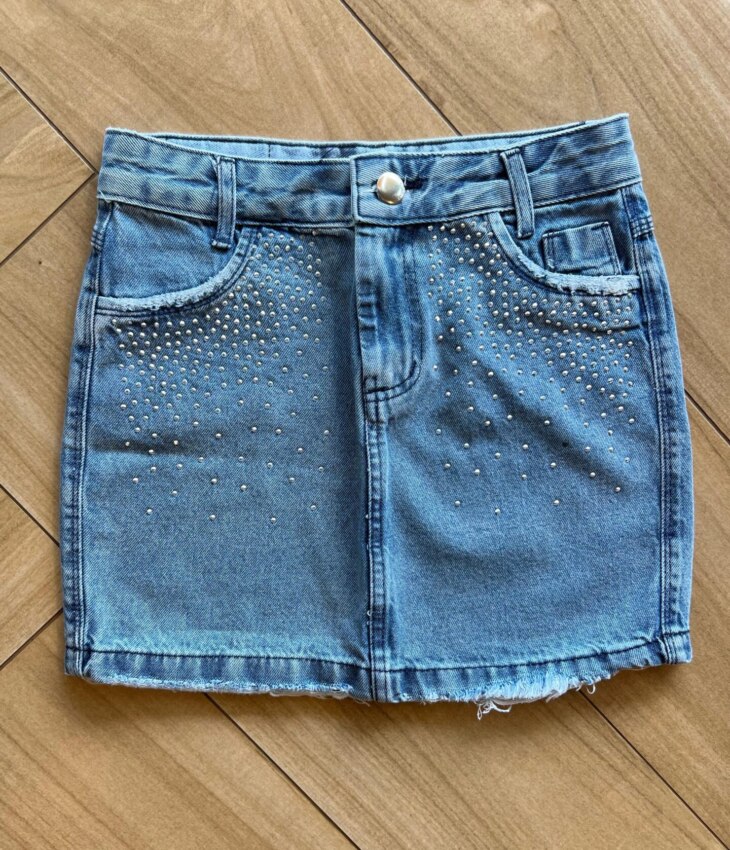 Saia Infantil Feminina Jeans Curta com Aplicações e Bolso Fernanda Ramos Kids