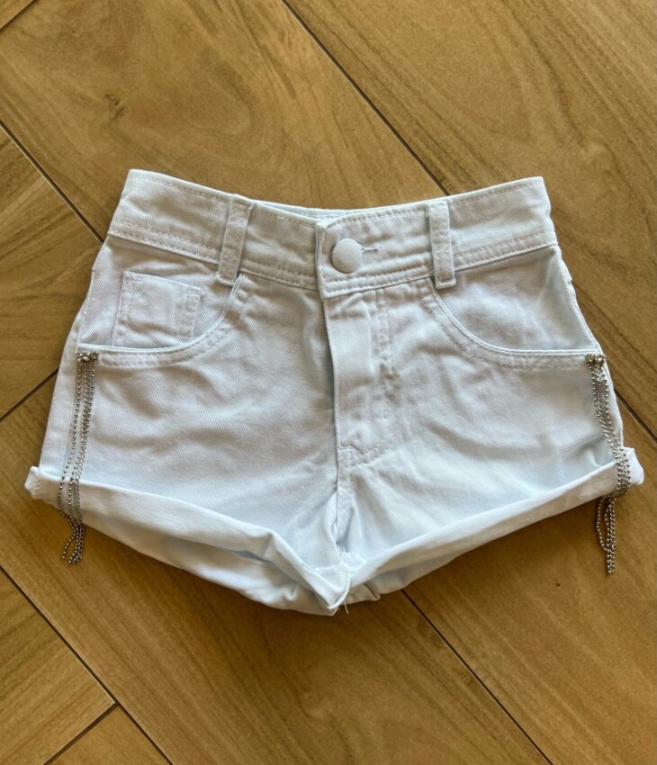 Short Infantil Feminino Jeans Detalhe em Strass Branco Fernanda Ramos Kids