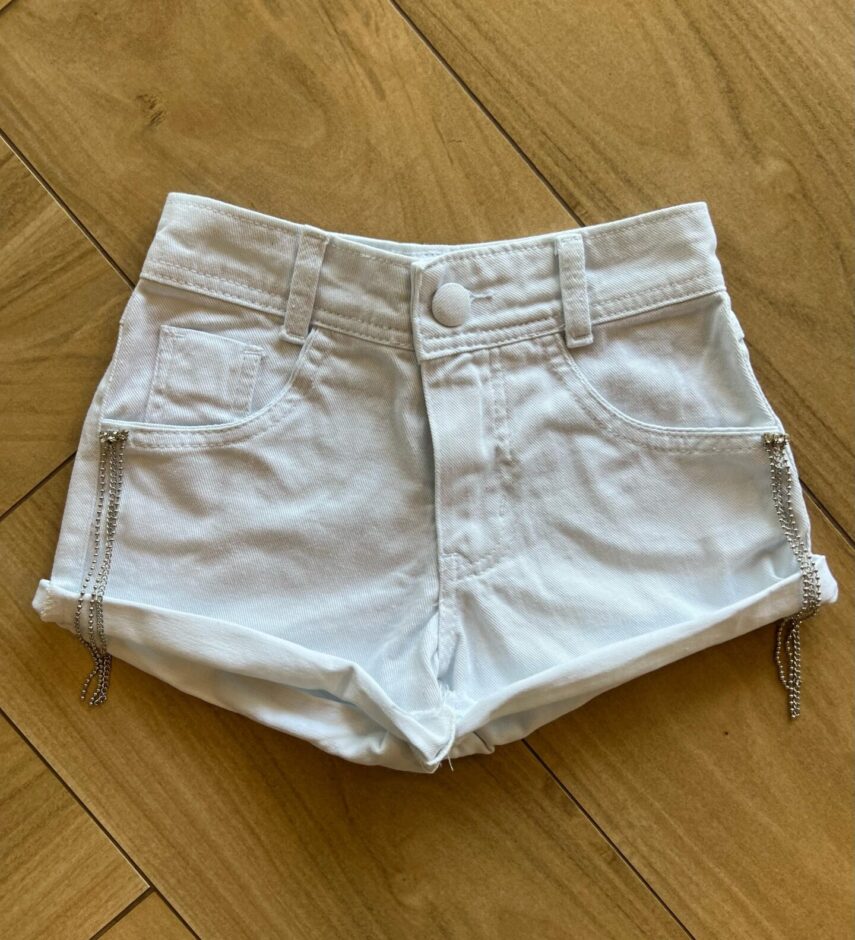 Short Infantil Feminino Jeans Detalhe em Strass Branco Fernanda Ramos Kids