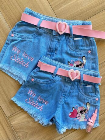 Short Infantil Feminino Jeans Lilo & Stitch com Cinto Fernanda Ramos Kids