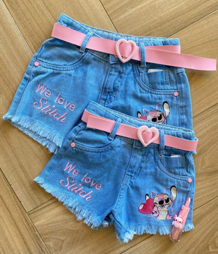 Short Infantil Feminino Jeans Lilo & Stitch com Cinto Fernanda Ramos Kids