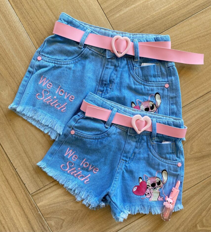 Short Infantil Feminino Jeans Lilo & Stitch com Cinto Fernanda Ramos Kids