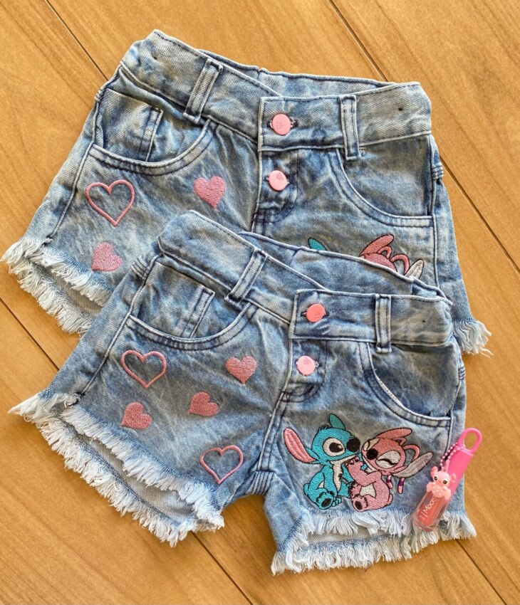 Short Infantil Feminino Jeans Lilo & Stitch Fernanda Ramos Kids