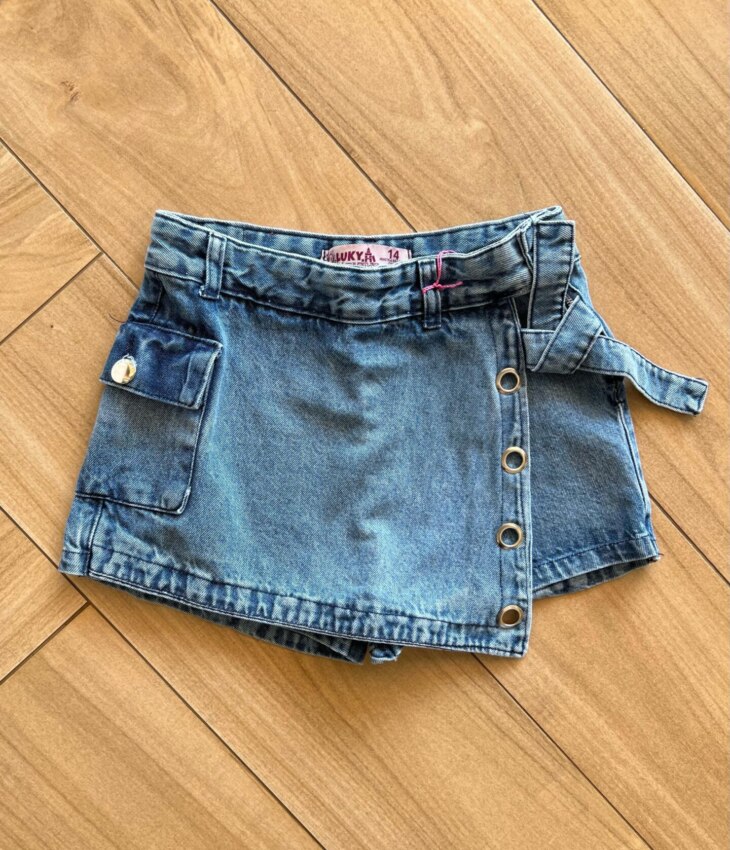 Short Saia Infantil Feminino Jeans com Bolsos e Detalhes Fernanda Ramos Kids