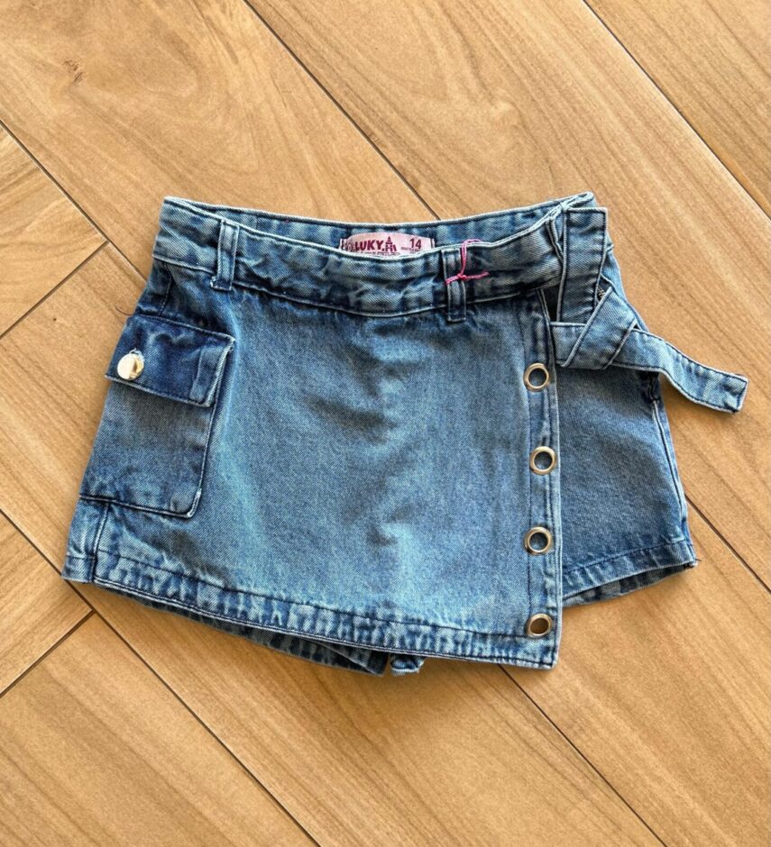 Short Saia Infantil Feminino Jeans com Bolsos e Detalhes Fernanda Ramos Kids