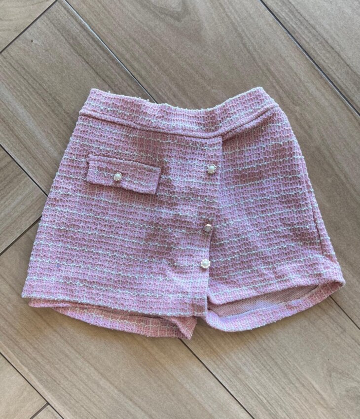 Short Saia Infantil Feminino Rosa com Detalhes em Perolas nos Botões Fernanda Ramos Kids