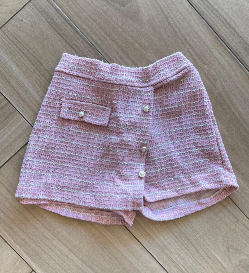 Short Saia Infantil Feminino Rosa com Detalhes em Perolas nos Botões Fernanda Ramos Kids