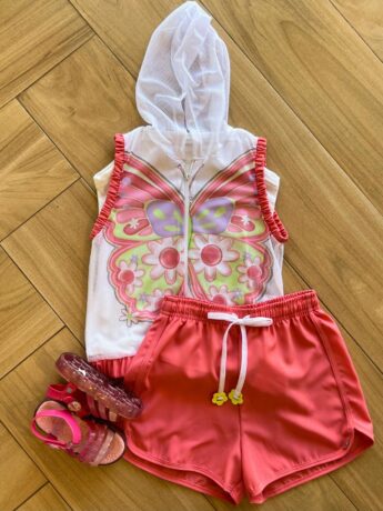 Trijunto Infantil Feminino Regata Alça, Short Rosa e Sobreposição Fernanda Ramos Kids