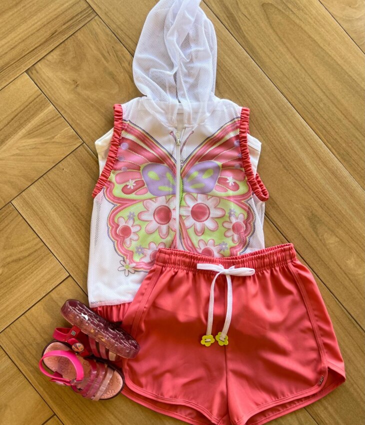 Trijunto Infantil Feminino Regata Alça, Short Rosa e Sobreposição Fernanda Ramos Kids
