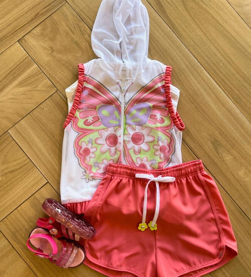 Trijunto Infantil Feminino Regata Alça, Short Rosa e Sobreposição Fernanda Ramos Kids