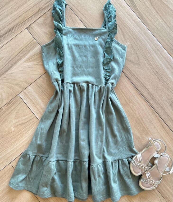 Vestido Infantil Feminino Alça Detalhe Laise Verde Oliva Fernanda Ramos Kids