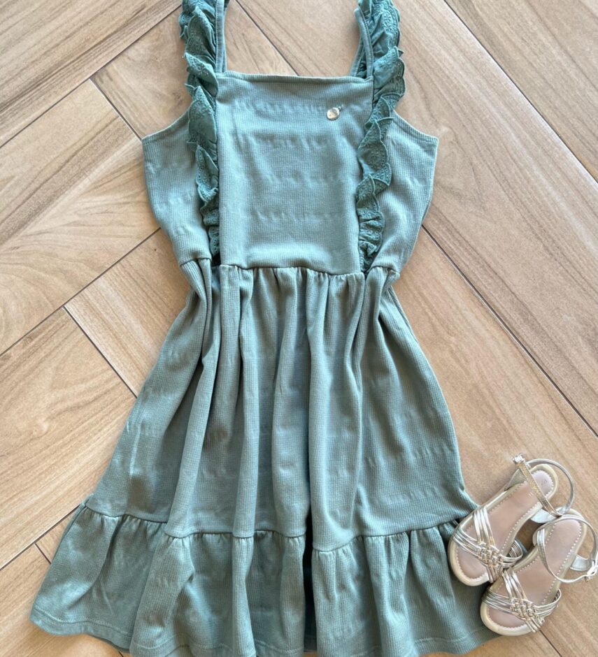 Vestido Infantil Feminino Alça Detalhe Laise Verde Oliva Fernanda Ramos Kids