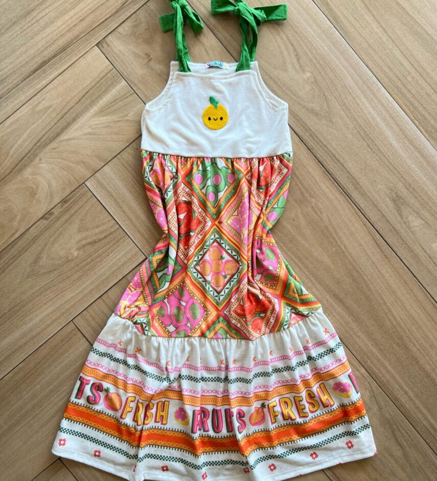 Vestido Infantil Feminino Alça Estampado Detalhe Bordado Fernanda Ramos Kids