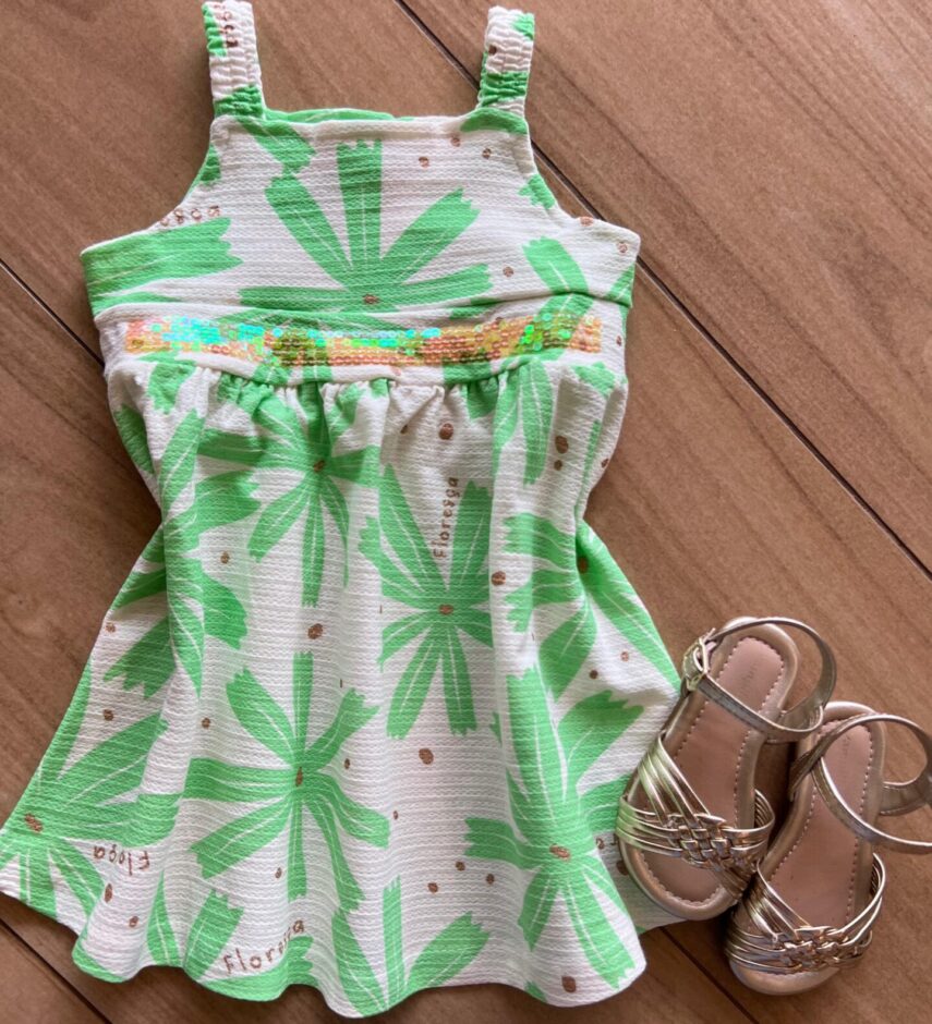 Vestido Infantil Feminino Alça Fina Estampado com Detalhe Lantejoula Fernanda ramos kids
