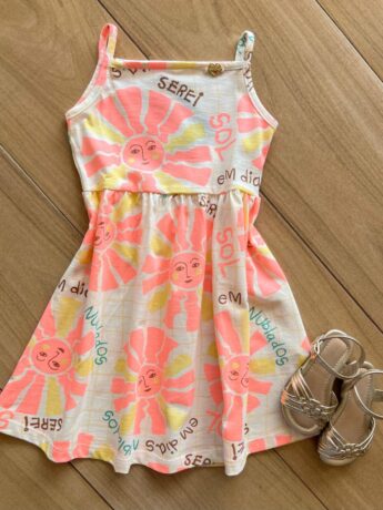 Vestido Infantil Feminino Alça Fina Serei Sol Estampa Rosa Fernanda Ramos Kids