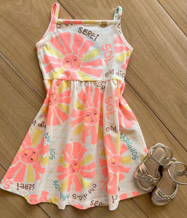 Vestido Infantil Feminino Alça Fina Serei Sol Estampa Rosa Fernanda Ramos Kids