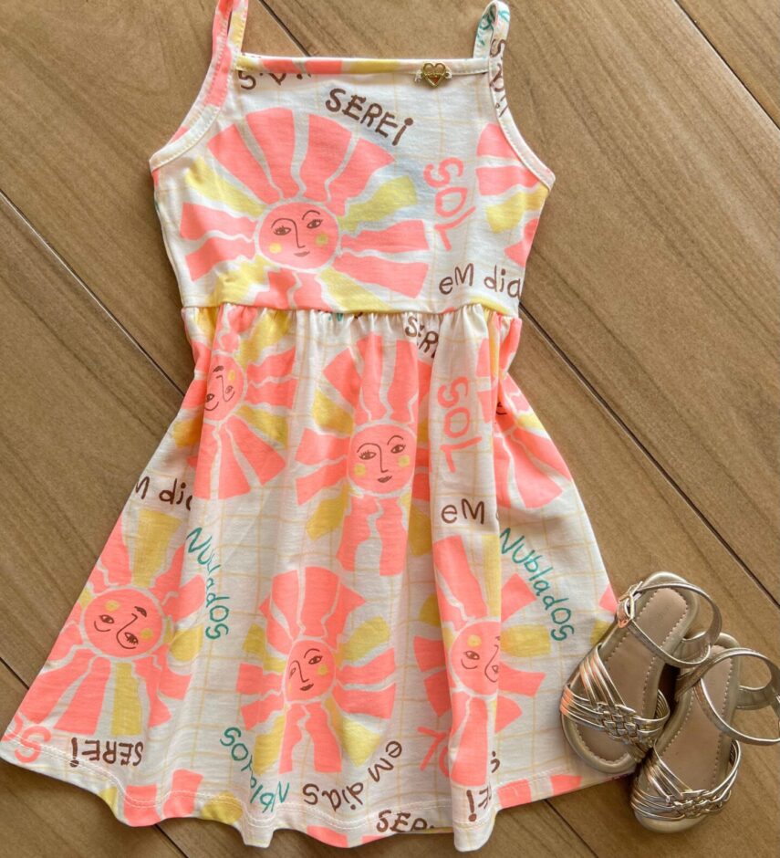 Vestido Infantil Feminino Alça Fina Serei Sol Estampa Rosa Fernanda Ramos Kids