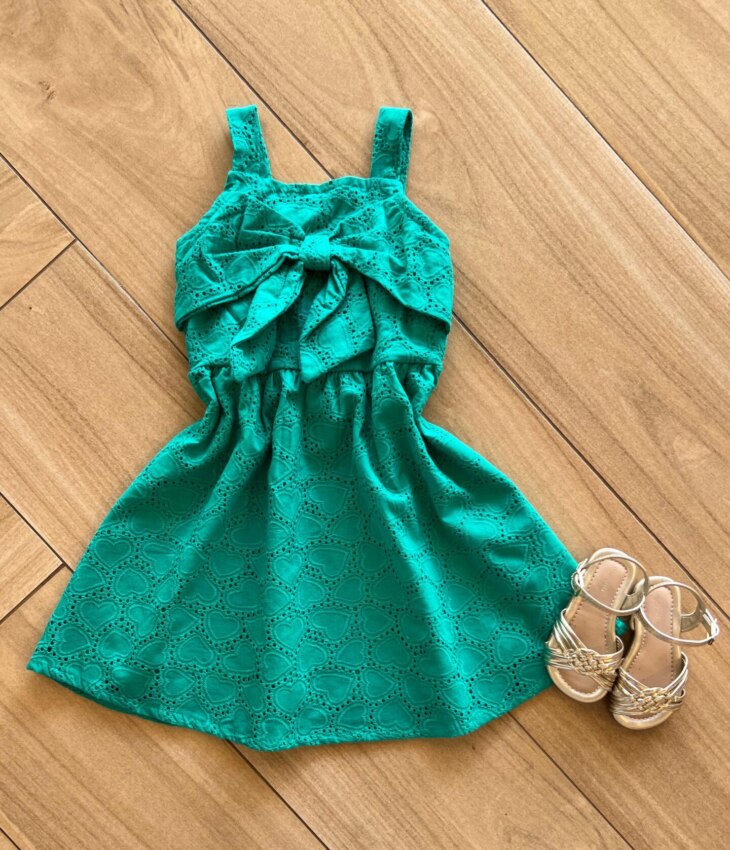 Vestido Infantil Feminino Alcinha e Detalhe Laço Verde Fernanda Ramos Kids