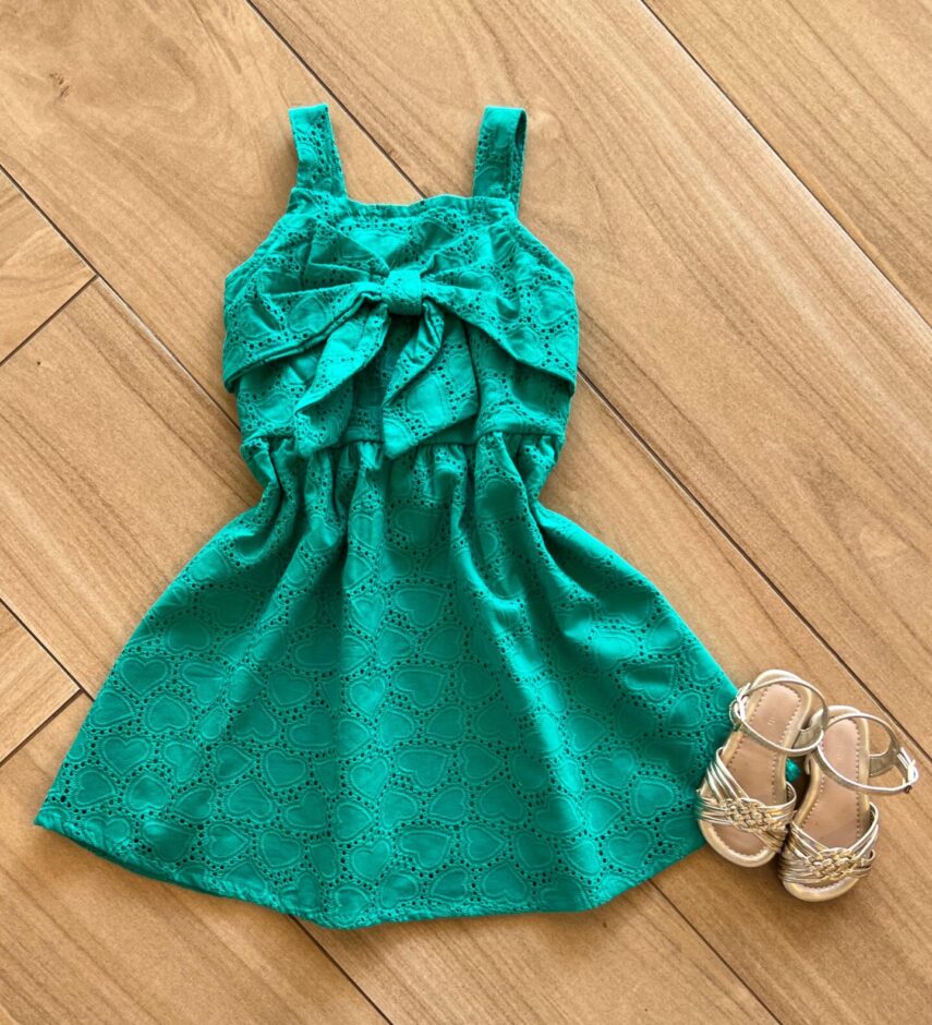 Vestido Infantil Feminino Alcinha e Detalhe Laço Verde Fernanda Ramos Kids